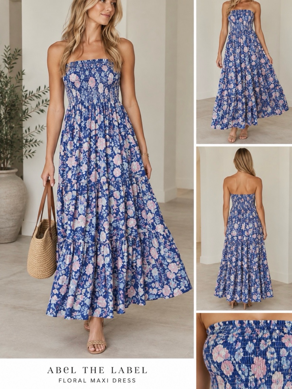 Anthropologie Abel the Label Blue Floral Strapless Maxi Dress